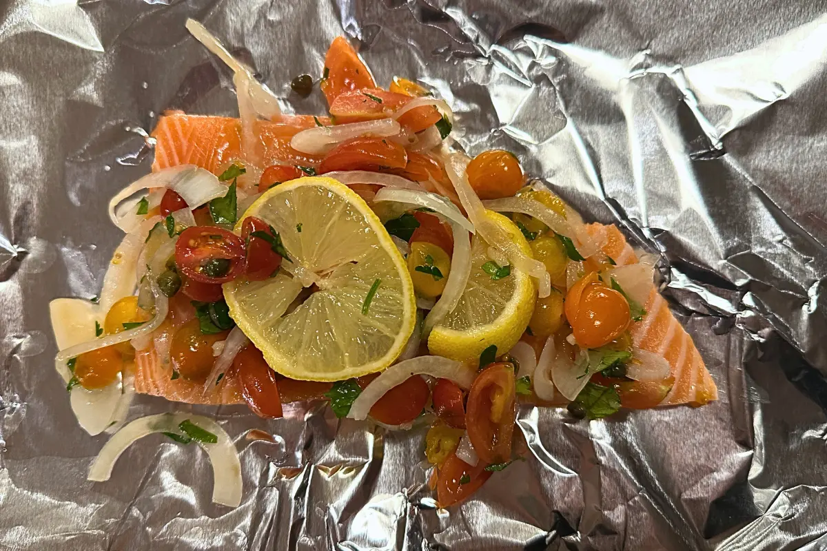 Baked Salmon with Tomatoes, Garlic, and Onions